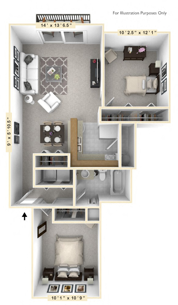 Floor plan for 2 beds, 1 bath, 787 sqft